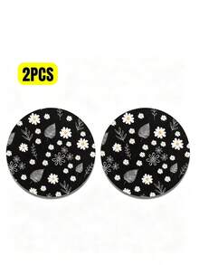 2pcs Daisy Leaf Pattern Absorbent Car Cup Coasters - Women's Car Interior Accessories, Suitable For Car And Home Desktop Cup Coasters - Black and White - View 6