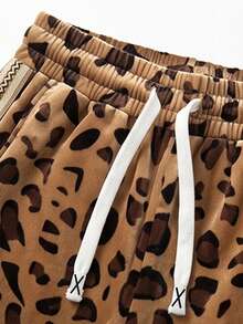 KyrLssu Women Leopard Print Velvet Wide Leg Pants Elastic Waist Drawstring Side Stripe Loose Trousers - Yellow - View 5
