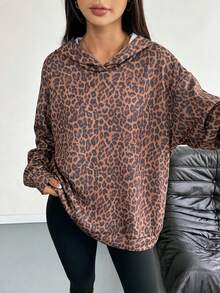 Women's Plus Size Classic Leopard Print Hooded Sweatshirt, Casual Pullover Sweatshirt Jacket, Suitable For Autumn/Winter - Brown - View 2