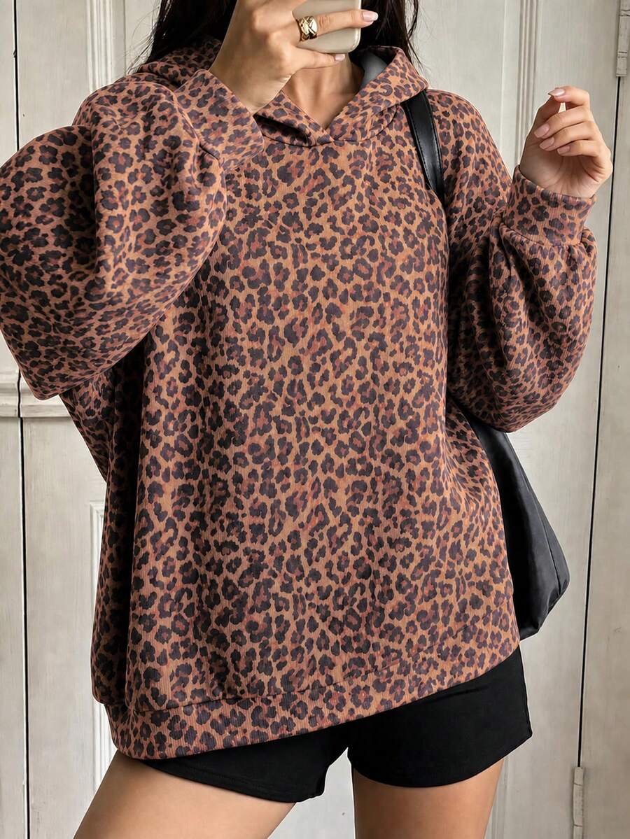 Women's Plus Size Classic Leopard Print Hooded Sweatshirt, Casual Pullover Sweatshirt Jacket, Suitable For Autumn/Winter - Brown - View 1