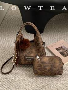 low tea 1pc Minimalist Small Bucket PU Fabric Handbag, Suitable For Commuting, Shopping, Etc. (With Pendant) - Coffee - View 11