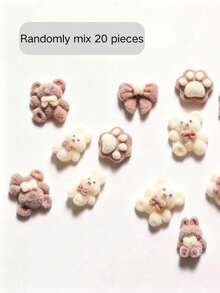 Approx. 20pcs Random Mixed Flocked Cartoon Animal Nail Art Accessories, Bear Rabbit Cat Paw Bow Random Mix, Matte Flocked Texture With Strong Atmosphere, Small Size Versatile, Suitable For All Nail Shapes, Pairs Well With Nude Milk Tea Nail Polish, Long And Short Nails Can Create Soft And Healing Nail Art - Multicolor - View 5