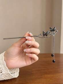1pc Gun Gray Flower Butterfly Chain Pendant Metal Hair Stick, Women's Back Head Bun Hair Pin, Vintage Atmosphere Hair Accessory - Multicolor - View 7