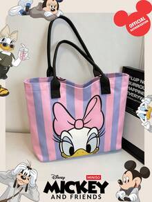 Miniso 迪士尼 Daisy Duck 帆布托特包，粉色與紫色垂直條紋印花，附手柄肩背包，適合日常使用 - 黑色 - 查看 2