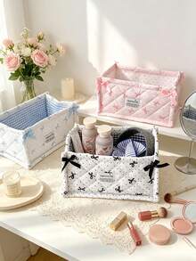 1pc Cute Bow Quilted Fabric Storage Basket Foldable Desktop Organizer Bin Two-Size Makeup Cosmetic Storage Box For Vanity Table Bedroom Home Decor - Multicolor - View 2