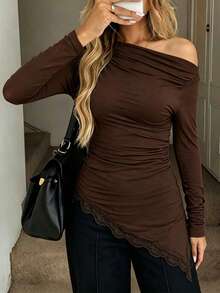 LUNNELUX Women Fall Asymmetric One Shoulder Long Sleeve Tee, Ruched Side Lace Trim Asymmetrical Hem Fitted Casual Top - Brown - View 9