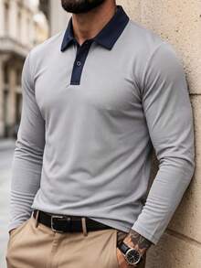 Men's Long Sleeve Polo T-Shirt, Solid Color Polo Shirt For Spring And Autumn, Daily Commute Work, Golf Sports Casual Wear Men's Top - Light Grey - View 1