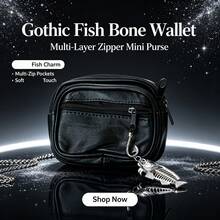 Túi đựng nhiều ngăn phong cách Gothic tối màu, ví đen kèm móc treo mặt dây chuyền khung xương cá kim loại, túi đựng thẻ kéo khóa cầm tay, túi tổ chức đựng cáp dữ liệu và son môi, phụ kiện thời trang đường phố cho đi chơi hàng ngày và du lịch - Nhiều màu - Xem 13