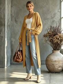 Women's Autumn/Winter Solid Color Tie-Front Ribbed Dropped Shoulder Lantern Sleeve Loose Mid-Length Knit Cardigan - Camel - View 4