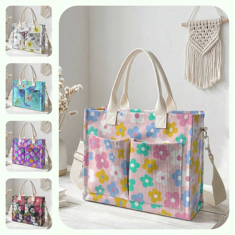 1pc Colorful Small Flowers Print Corduroy Multi-Pocket Large Capacity Storage, Snap Button Closure, Shoulder Tote Bag For Student Daily Commute School - Multicolor - View 1