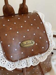 1pc Girls Polka Dot PU Drawstring Closure Vintage Backpack Suitable For All Seasons Daily Use - A - View 6