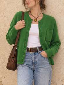 Women's Green Long Sleeve Button-Up Cardigan Round Neck Casual Loose Knit Top, Soft And Comfortable, Autumn Women's Outwear - Green - View 3