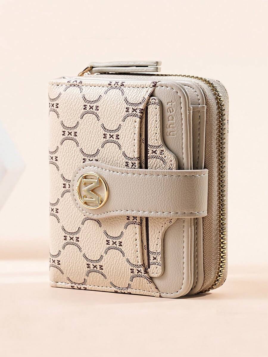 New Litchi Texture Letter Wallet With Multiple Card Slots, Short Compact Women's Purse, Thickened Korean Style Fashion Retro Coin Purse For Women - Apricot - View 1