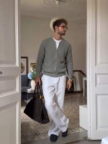 Lookun Cardigan Rajut Pria Model V-Neck Longgar Kasual Santai Minimalis Serbaguna untuk Perjalanan Musim Gugur/Dingin - Grey - View 8