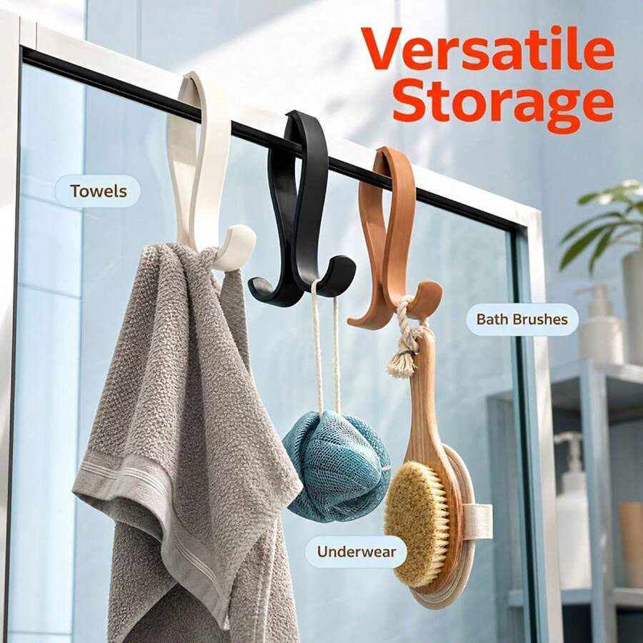 1pc/3pcs Double-Sided Shower Door Hooks, Hanging Bathroom Organizer, Closet Organizer, Wardrobe Storage Rack, Home Decor Hooks, Suitable For Towels, Washcloths, Underwear, Bath Brushes And More - Multicolor - View 1