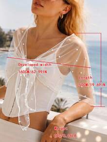 1pc Pearl Beaded Tulle Bow Shawl, Detachable Sheer Mesh Bridal Shoulder Wrap Accessory - Multicolor - View 8