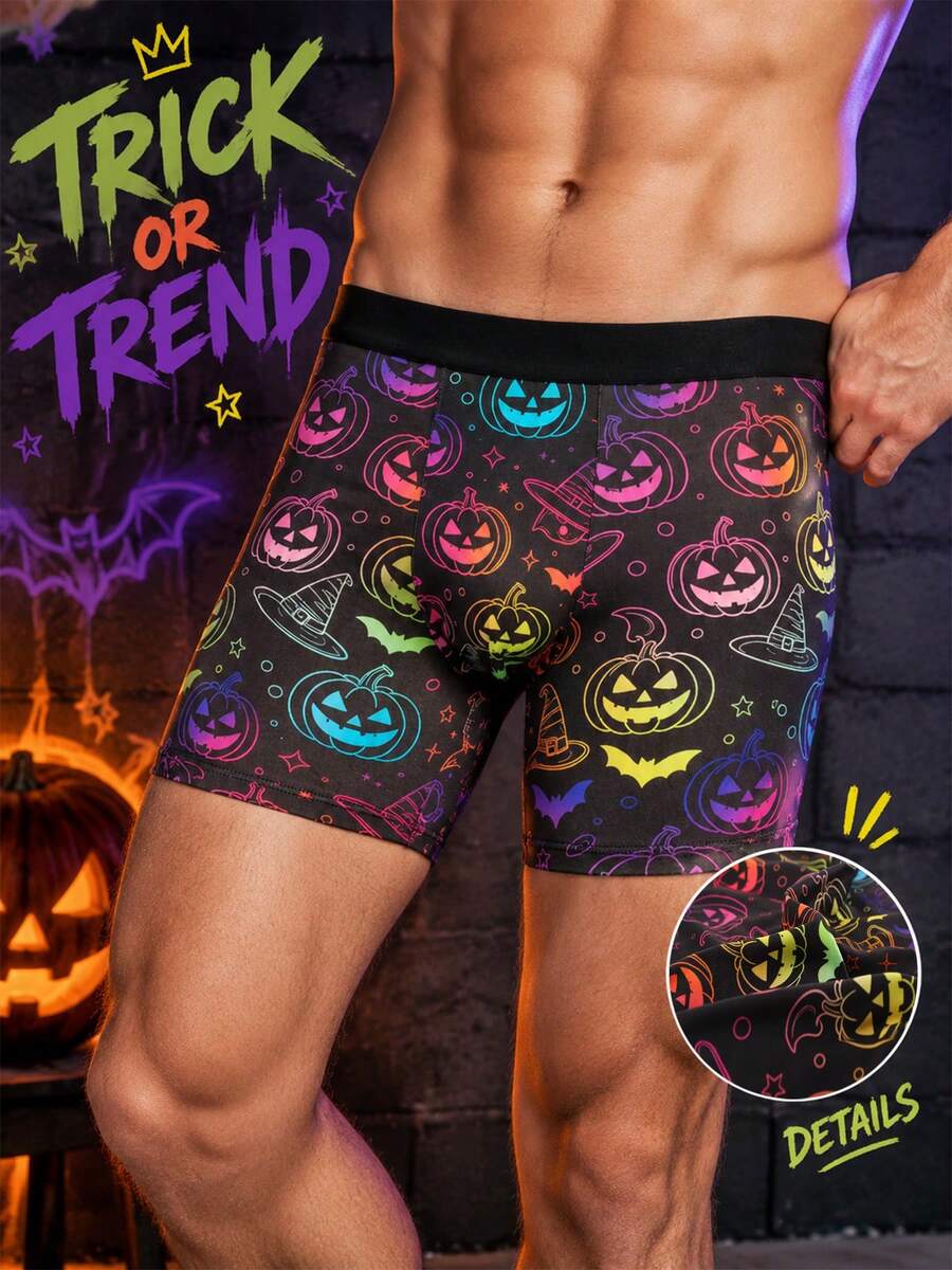 1pc Men's Boxer Briefs, Soft And Skin-Friendly, Colorful Halloween Pumpkin Print, Fun Creative Underwear, Holiday Gift For Boyfriend - Multicolor - View 1