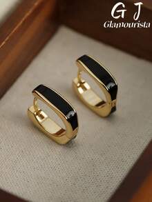 1 Pair Copper Material Fashion Niche Design Personalized Exquisite Elegant Versatile Black Oil Drop Geometric Ear Cuff Earrings, Suitable For Women's Daily, Holiday And Party Wear - Geometry - View 1