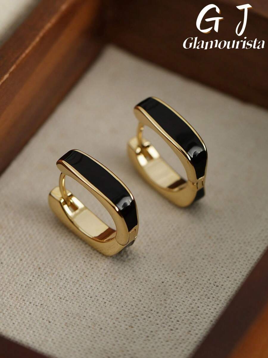 1 Pair Copper Material Fashion Niche Design Personalized Exquisite Elegant Versatile Black Oil Drop Geometric Ear Cuff Earrings, Suitable For Women's Daily, Holiday And Party Wear - Geometry - View 1