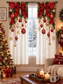 2pcs Xmas Scene Printed Curtains, Warm Red Spandex Window Panels With Santa, Golden Retriever, Gift Boxes And Holiday Tree, Soft Light-Filtering Rod Pocket Drapes For Cozy Family Room Winter Party Decor - A - View 2