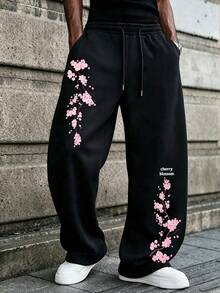 SU ER Men's Summer Casual Drawstring Elastic Waist Loose Draped Lazy Wide Leg Curved Hem Long Pants - Black - View 2