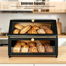 2 Tier Bamboo Bread Box For Kitchen Counter Double Layer Wooden Bread Bin With Transparent Window Magnetic Lock For Home Bakery - View 8