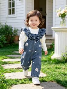 Baby Girl Ribbed Long Sleeve Top & Denim Overalls 2pcs Set, Sweet Pastoral Style, Soft Elastic Ribbed Soft Denim Embroidered Outfit For Daily Wear And Outings, Spring/Autumn - Multicolor - View 5