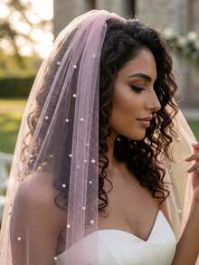 1pc Pink See-Through Tulle Scattered Pearl Veil, Long Flowy Bridal Veil For Pre-Wedding Portrait - Multicolor - View 4
