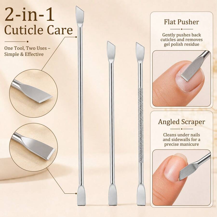 3pcs Silver Nail Trimming & Pusher Set, Dual-Head Stainless Steel Manicure Tools With Textured Handle, Nail Cleaning Tools For Manicure And Pedicure - Silver - View 1