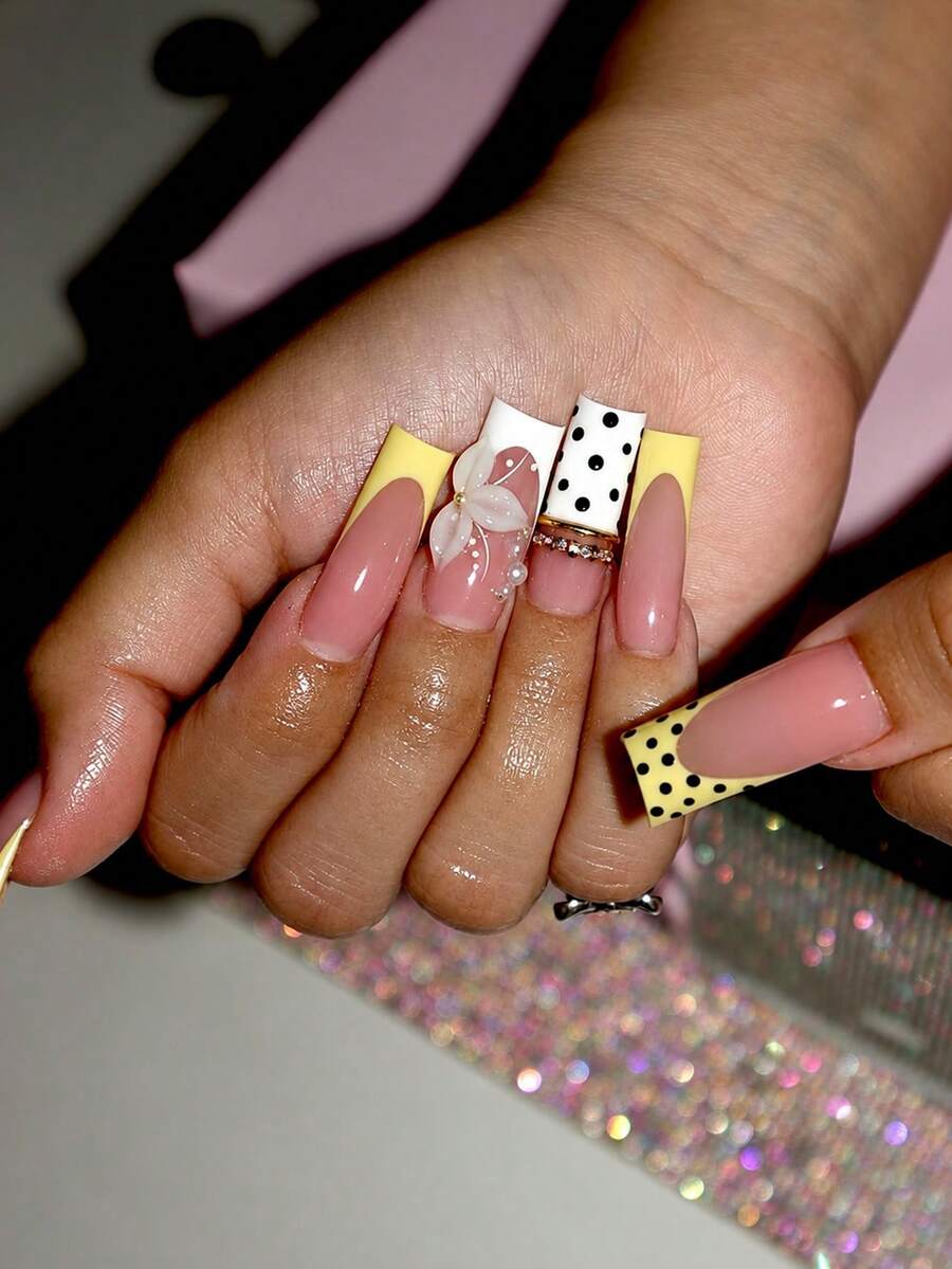 24pcs Mixed Wearable Nail Art Set, Yellow French Tip Polka Dot 3D White Flower Pearl Rhinestone Fake Nails, Reusable Full Coverage Nail Stickers, Includes Jelly Glue And Nail File, For Women - Yellow - View 1