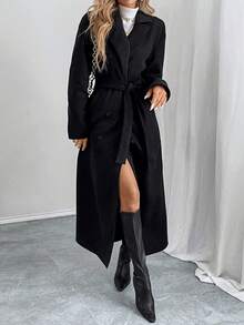 Women's Black Long Sleeve Woven Long Coat, Suitable For Autumn/Winter Wear, Non-Stretch Trench Coat - Black - View 7