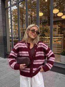 Women's New Autumn/Winter Striped Crew Neck Long Sleeve Knit Top For Commute - Jujube Red & Peach Pink - View 2