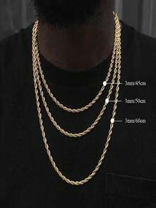 1pc Stainless Steel Twisted Rope Necklace, European And American Vintage Street Hip-Hop Style Gold-Plated All-Match Necklace, Waterproof, Sweat-Resistant, Non-Fading, Suitable For Parties, Daily Wear, Holidays, Birthday Occasions, Also Can Be Given As A Gift To Boyfriend/Girlfriend And Loved Ones, Elegant Valentine's Day Gift For Her/Him, Unisex Holiday Gift - Gold - View 3