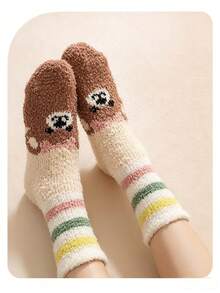 1/5 Pairs Cartoon Bear Coral Fleece Warm Mid-Calf Socks, Soft Half-Fleece Home Sleep Floor Socks, Multiple Colors Available - Multicolor - View 4