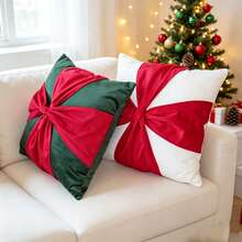 1pc Red Green Red White Bow Christmas Pillow Case, 3D Pleated Bow Sofa Cushion Cover, Holiday Home Decor, Pillow Insert Not Included - White - View 4