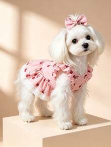 1pc Dog & Cat Mesh Wedding Dress With Bow, Cute Fashionable Elegant Charming Creative Personalized Design Printed Pet Dress - Multicolor - View 3