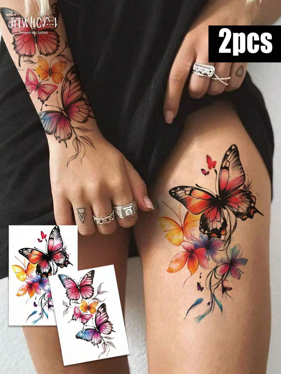Waterproof Temporary Tattoo Stickers, 2 Sheets Watercolor Colorful Butterfly Pattern, Long Lasting Fake Body Tattoos For Thigh, Arm, Wrist, Women Festival Body Decor - Multicolor - View 1