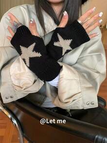 1pc Knitted Knitted Star Jacquard Half Finger Gloves, Autumn/Winter Warm Contrast Color Fingerless Hand Socks Sleeve Covers, Unisex - B - View 11