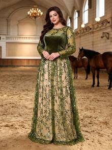 Plus Size Fall Winter Elegant Sequin Leaf Embroidery Tulle Spliced Crinkle Texture Knit Illusion Long Sleeve Mock Two Pieces Maxi Gown, Party Wedding - Dark Green - View 5