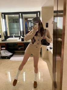 College Style Retro Lapel Argyle Knit Cardigan Women Fashion Set High Waist Bodycon Shorts - Khaki - View 2