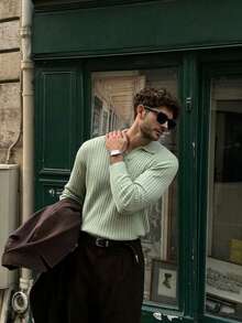 Lookun Men's Knitted Polo Sweater, Small Collar, Casual Drop Shoulder, Korean Style, Lazy, Autumn/Winter - Green - View 1
