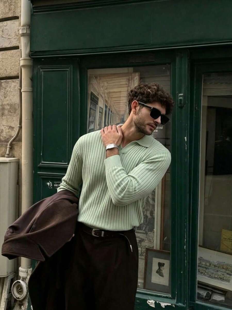 Lookun Men's Knitted Polo Sweater, Small Collar, Casual Drop Shoulder, Korean Style, Lazy, Autumn/Winter - Green - View 1