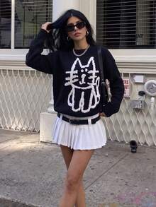 Women's Crew Neck Fashion Minimalist Cute Pattern Loose Sweater Autumn/Winter - Black - View 2