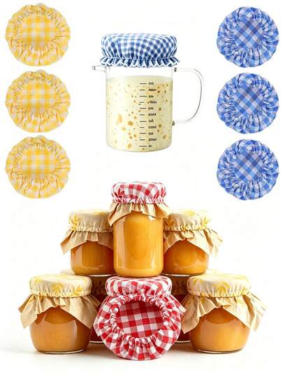 3/6/9pcs Plaid Sourdough Bread Fermentation Jar Lids, Reusable Handmade Cotton Fabric Covers, Mason Jar And Grain Jar Decorative Set, Fits 3-4 Inch Jar Openings, For Sourdough Bread Baking, Farmhouse Kitchen Decor (Plaid Diameter 0.5-1cm)