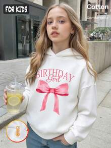 Autumn Winter Girls Fleece Hoodie With Pink Bow And BIRTHDAY Girl Print Y2K - White - View 1