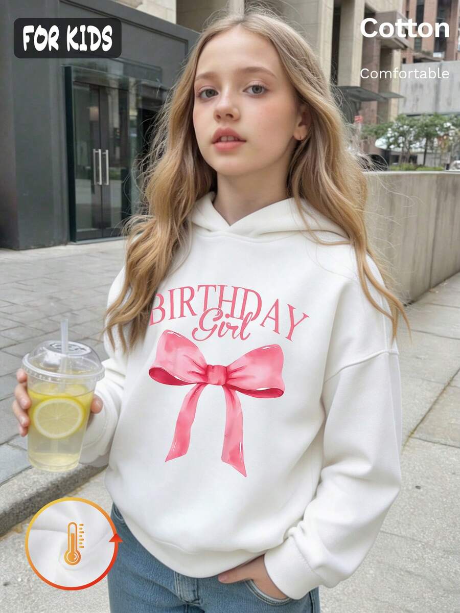 Autumn Winter Girls Fleece Hoodie With Pink Bow And BIRTHDAY Girl Print Y2K - White - View 1