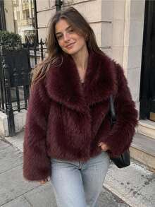 Faux Fur Plush Fluffy Warm Long Sleeve Autumn/Winter Jacket - Red - View 1