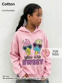 Girls' Cute Long Sleeve Hoodie With Ice Cream Graphic & You Are Sweet Letter Print Casual Drawstring Pullover For Kids - Pink - View 3