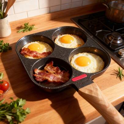 1pc Multi-Functional Non-Stick Pan, 4-Hole Frying Pan, Flat Bottom Pan, Griddle Pan, Breakfast Egg Pan, Non-Stick Baking Tray, Mini Pan, Gift Pan, Suitable For Frying Eggs, Pancakes And Burgers, Ideal Breakfast Frying Pan