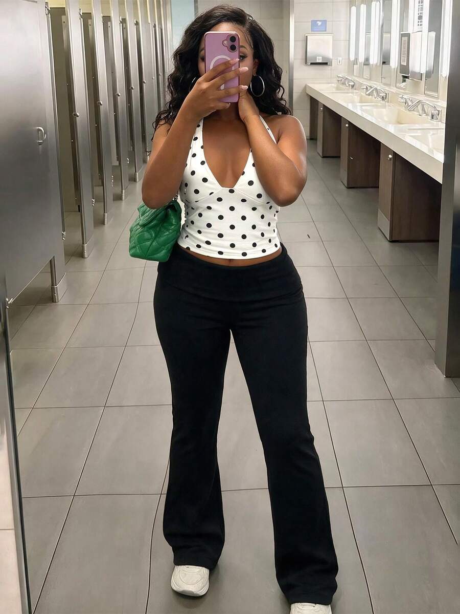 Women's Polka Dot Halter Neck Tank Top & High Waist Long Pants 2 Pieces Set - Black and White - View 1